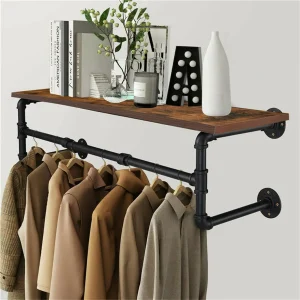 Industrial Pipe Clothing Wood Shelf